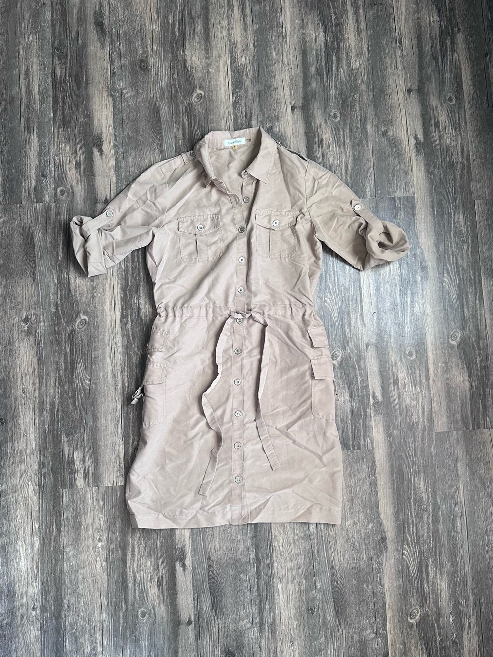 Calvin Klein Tan Beige Button Down Shirt Dress Size 8 Collared Tie Waist Pockets